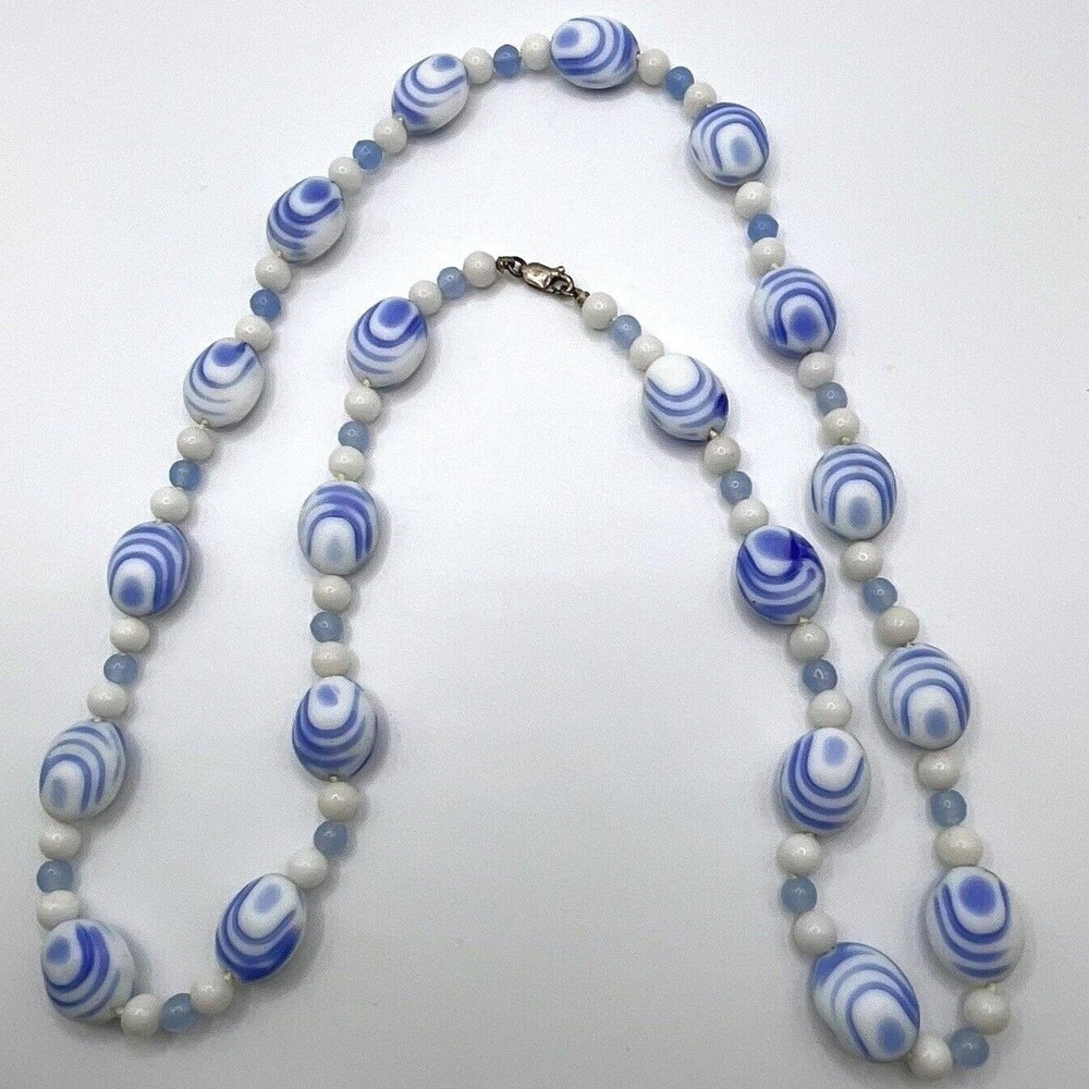 Vintage Blue White Bead Necklace Glazed Ceramic Porcelain Faience Style 26 Inch‎